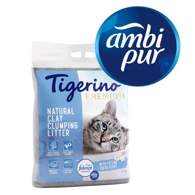 Areia aglomerante Tigerino Premium para gatos, natural clay, aroma Febreze e Ambi Pur, 12 kg. Texto visível: controlo de odores, baixa poeira, aroma fresco a algodão.