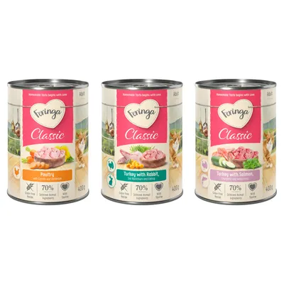 Feringa Classic comida húmeda para gatos, variedades: ave con zanahorias y diente de león, pavo con conejo, espino amarillo y menta para gatos, pavo con salmón, calabacín y berro, 400g.