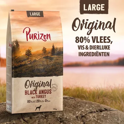 Purizon Original Black Angus with Turkey, LARGE, 12 kg. 80% vlees, vis & dierlijke ingrediënten. 20% groente, 0% granen. Voor honden. Tekst: Original Black Angus with Turkey.