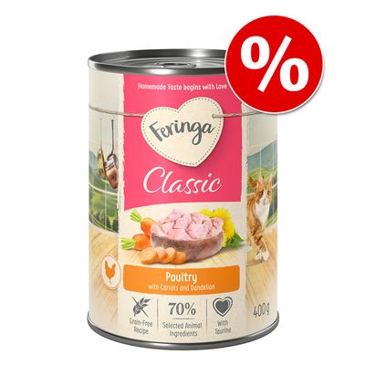 Feringa Classic Gevogelte met wortelen en paardenbloem, 400 g blik. Graanvrije receptuur, 70% geselecteerde dierlijke ingrediënten, met taurine.