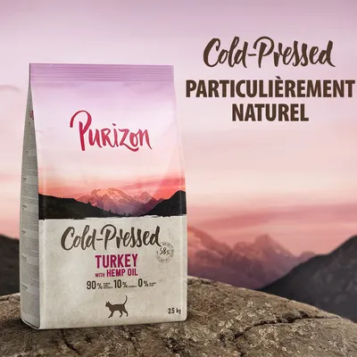 Purizon Cold-Pressed Turkey with Hemp Oil, 2,5 kg. 90 % viande, 10 % légumes, 0 % céréales. Texte visible : Cold-Pressed, particulièrement naturel. Pour chat.