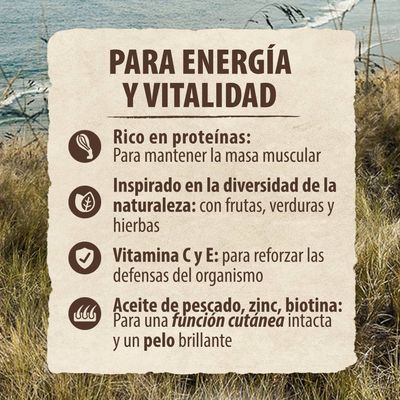 Para energía y vitalidad: rico en proteínas, inspirado en la diversidad de la naturaleza, vitamina C y E, aceite de pescado, zinc, biotina. Texto en español.