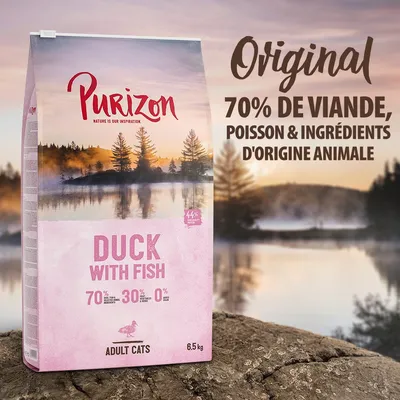 Purizon Duck with Fish pour chats adultes, 6,5 kg. Texte visible : Original, 70 % de viande, poisson & ingrédients d'origine animale, 70 %/30 %/0 %.