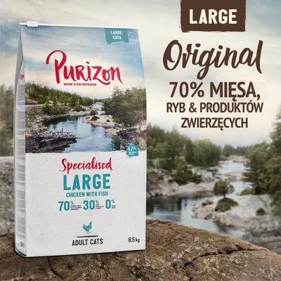 Purizon Specialised Large Chicken with Fish dla dużych kotów, 6,5 kg. 70% mięsa, ryb i produktów zwierzęcych, 30% warzyw i owoców, 0% zbóż. Adult cats. Purizon Specialised Large Chicken with Fish dla dużych kotów, 6,5 kg. 70% mięsa, ryb i produktów zwierzęcych, 30% warzyw i owoców, 0% zbóż. Adult cats.