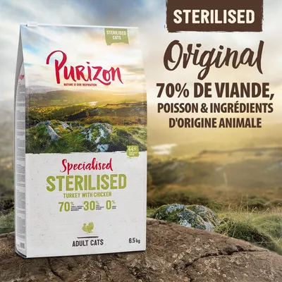 Purizon Specialised Sterilised Turkey with Chicken pour chats adultes, 6,5 kg. 70 % viande, poisson et ingrédients d’origine animale, 30 % autres ingrédients, 0 % céréales. Purizon Specialised Sterilised Turkey with Chicken pour chats adultes, 6,5 kg. 70 % viande, poisson et ingrédients d’origine animale, 30 % autres ingrédients, 0 % céréales.