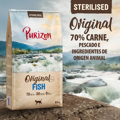 Purizon Sterilised Original Fish, 6,5 kg. 70 % carne, pescado e ingredientes de origen animal. 70 % proteína animal, 30 % frutas y verduras, 0 % cereales. Purizon Sterilised Original Fish, 6,5 kg. 70 % carne, pescado e ingredientes de origen animal. 70 % proteína animal, 30 % frutas y verduras, 0 % cereales.