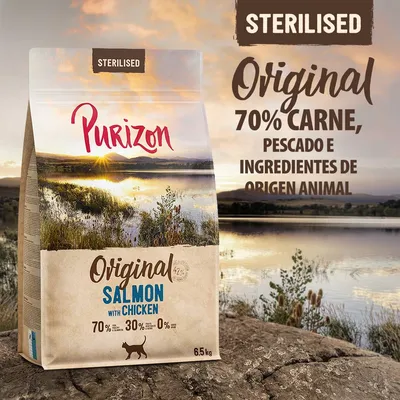 Purizon Original Salmon with Chicken, esterilizado. 70 % carne, pescado e ingredientes de origen animal. 6,5 kg. 70 % proteína animal, 30 % fruta y verdura, 0 % cereales. Purizon Original Salmon with Chicken, esterilizado. 70 % carne, pescado e ingredientes de origen animal. 6,5 kg. 70 % proteína animal, 30 % fruta y verdura, 0 % cereales.