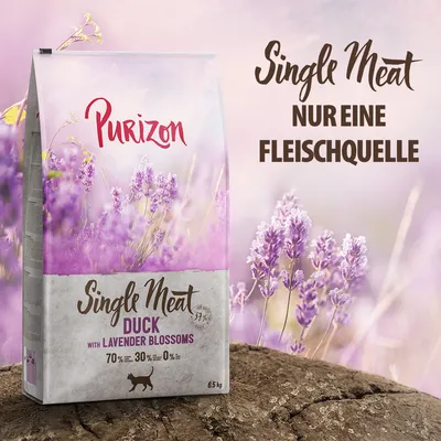 Purizon Single Meat Duck mit Lavendelblüten, nur eine Fleischquelle, 70% Fleisch, 30% Gemüse, 0% Getreide, 6,5 kg Packung. Purizon Single Meat Duck mit Lavendelblüten, nur eine Fleischquelle, 70% Fleisch, 30% Gemüse, 0% Getreide, 6,5 kg Packung.