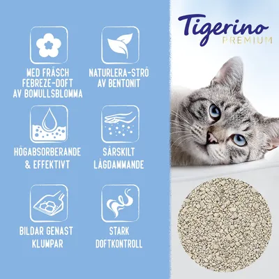 Tigerino Premium. Med fräsch Febreze-doft av bomullsblomma, naturlera-strö av bentonit, högabsorberande och effektivt, särskilt lågdammande, bildar genast klumpar, stark doftkontroll.