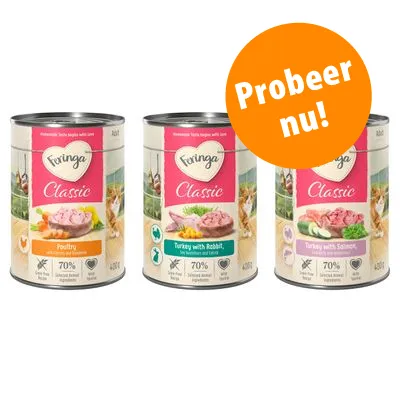 Drie blikken Feringa Classic kattenvoer: Poultry, Turkey with Rabbit, Turkey with Salmon. Op oranje cirkel staat: Probeer nu! 70% geselecteerde dierlijke ingrediënten, 400 g. Drie blikken Feringa Classic kattenvoer: Poultry, Turkey with Rabbit, Turkey with Salmon. Op oranje cirkel staat: Probeer nu! 70% geselecteerde dierlijke ingrediënten, 400 g.