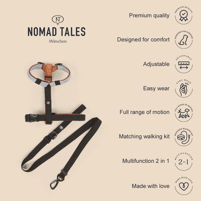 Nomad Tales München Hundegeschirr mit Leine. Eigenschaften: Premiumqualität, Komfortdesign, verstellbar, leicht anzulegen, volle Bewegungsfreiheit, passendes Set, multifunktional, liebevoll gefertigt.