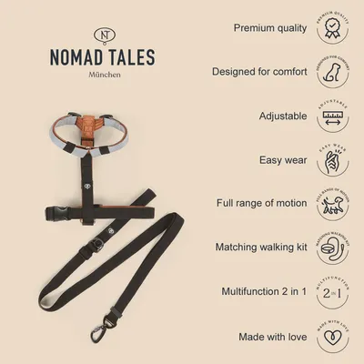 Nomad Tales München koiravaljaat ja talutushihna. Ominaisuudet: premium-laatu, mukava muotoilu, säädettävä, helppo pukea, täysi liikkumisvapaus, yhteensopiva setti, monikäyttöinen, huolellisesti valmistettu.