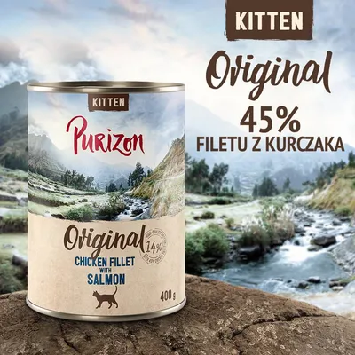 Purizon Kitten Original, 400 g. 45% filetu z kurczaka. Chicken fillet with salmon. 14% content. Widoczna puszka karmy dla kociąt.