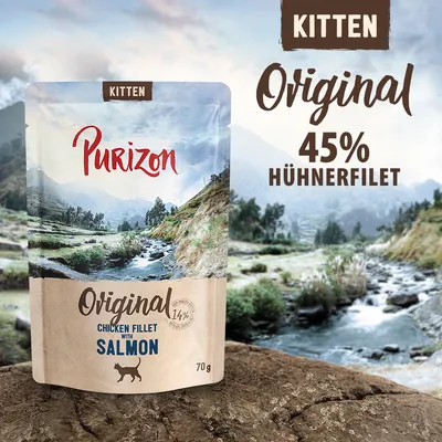 Purizon Kitten Original, 45 % Hühnerfilet, chicken fillet with salmon, sachet de 70 g. Texte en anglais et allemand visible sur l’emballage.