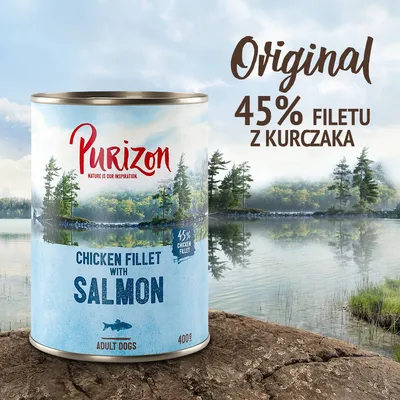 Purizon Chicken Fillet with Salmon, 400 g dla dorosłych psów. 45% filetu z kurczaka. Widoczny napis: Original. Opakowanie na tle jeziora i drzew.
