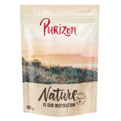 Purizon Sterilised Adult Cats, chicken with fish. 70% animal ingredients, 30% fruit, vegetables & herbs, 0% added grain. For sterilised cats. Pack size: 6.5 kg.