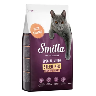 Smilla Special Needs Sterilised, ricetta senza cereali con salmone, 10 kg. Contiene livelli bilanciati di grassi ed energia, acidi grassi omega, taurina e Yucca Schidigera.