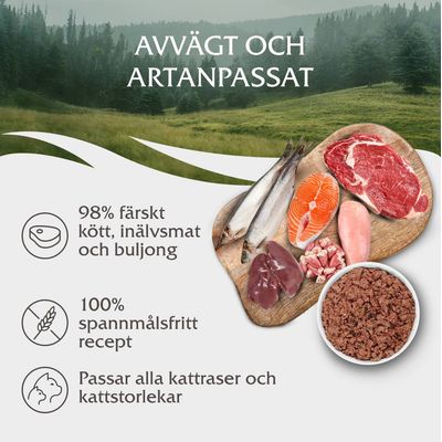 Avvägt och artanpassat. 98 % färskt kött, inälvsmat och buljong. 100 % spannmålsfritt recept. Passar alla kattraser och kattstorlekar.