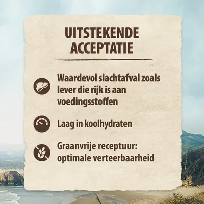 UITSTEKENDE ACCEPTATIE. Waardevol slachtafval zoals lever die rijk is aan voedingsstoffen. Laag in koolhydraten. Graanvrije receptuur: optimale verteerbaarheid.