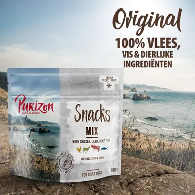 Purizon Snacks Mix voor volwassen honden, 100% vlees, vis & dierlijke ingrediënten. Met kip, lam, rund, vis. Zacht gevriesdroogd. Inhoud: 100 g. Original.