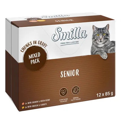 Smilla Senior Mixed Pack, chunks in gravy. 12 x 85g: 6x salmon & green beans, 6x chicken & carrots. Contains taurine and omega fatty acids.