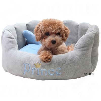 Petit chien allongé dans un panier en tissu gris avec coussin bleu, broderie « Prince » et couronne dorée visibles sur le devant du panier.