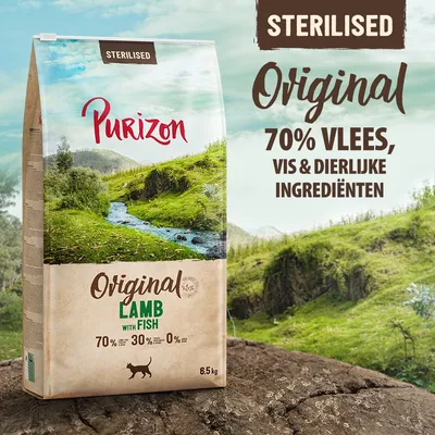 Purizon Sterilised Original Lamb with Fish kattenvoer, 6,5 kg. 70% vlees, vis & dierlijke ingrediënten. Op de verpakking staat een groene landschapafbeelding.
