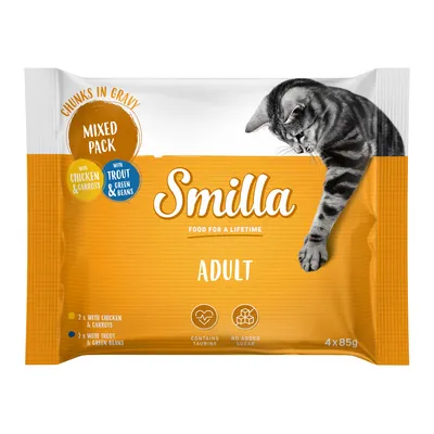 Smilla Adult Mixed Pack, kúsky v omáčke s kuracím a mrkvou a s pstruhom a zelenými fazuľkami. Obsahuje taurín, bez pridaného cukru. Balenie: 4 x 85g.