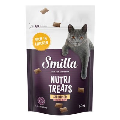 Smilla Nutri Treats, steriliserad, spannmålsfritt recept, rik på kyckling, med L-karnitin. Återförslutningsbar förpackning, 60 g.