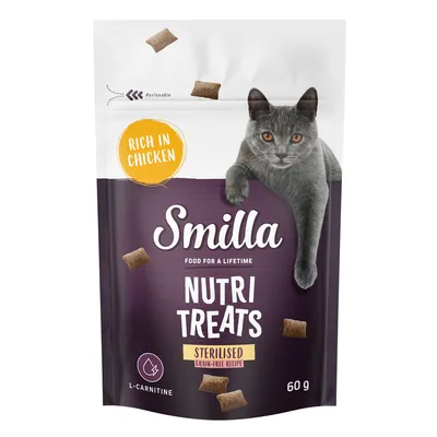 Smilla Nutri Treats, за кастрирани, без зърнени храни, богати на пиле, с L-карнитин. Повторно затваряща се опаковка, 60 г. Smilla Nutri Treats, за кастрирани, без зърнени храни, богати на пиле, с L-карнитин. Повторно затваряща се опаковка, 60 г.