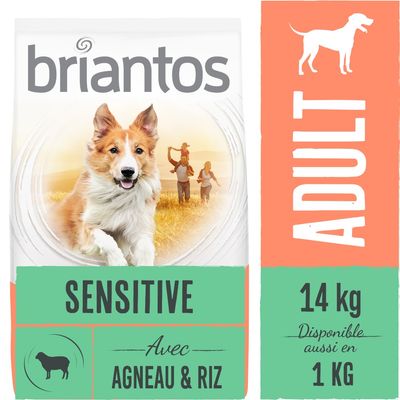 Briantos Sensitive avec agneau & riz, ADULT, 14 kg, disponible aussi en 1 kg. Texte visible sur l’emballage de croquettes pour chien adulte.
