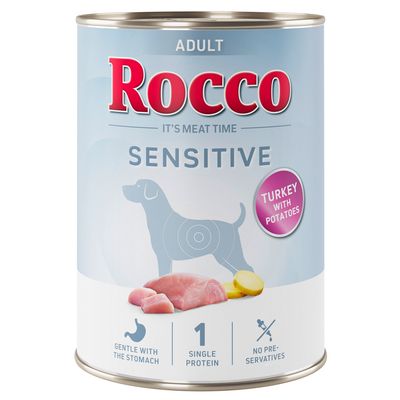 Rocco Sensitive Nassfutter für Hunde, Sorte Chicken & Potatoes, Single Protein, Huhn und Kartoffeln. Auf der Dose ist ein Hundesymbol abgebildet.