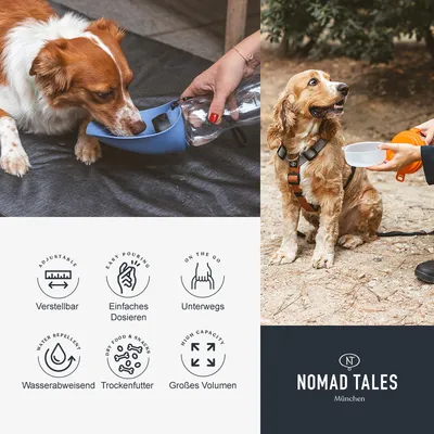 Hunde trinken aus tragbaren Näpfen. Symbole mit Text: Verstellbar, Einfaches Dosieren, Unterwegs, Wasserabweisend, Trockenfutter, Großes Volumen. Nomad Tales München. Hunde trinken aus tragbaren Näpfen. Symbole mit Text: Verstellbar, Einfaches Dosieren, Unterwegs, Wasserabweisend, Trockenfutter, Großes Volumen. Nomad Tales München.