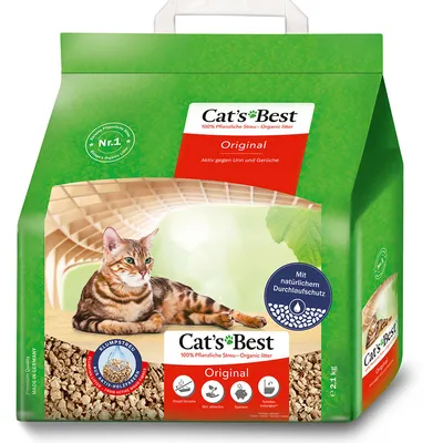 Sac de litière Cat's Best Original 100% végétale, texte visible : 'Aktiv gegen Urin und Gerüche', 'Mit natürlichem Durchlaufschutz', poids 21,1 kg, image d’un chat tigré.