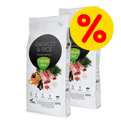 Oferta de pienso para perros Natura Diet Iberico & Rice, 12 kg. Imagen de dos sacos con ingredientes visibles y símbolo de porcentaje en amarillo. Oferta de pienso para perros Natura Diet Iberico & Rice, 12 kg. Imagen de dos sacos con ingredientes visibles y símbolo de porcentaje en amarillo.