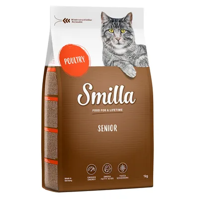 Smilla Senior cat food with poultry, resealable, Made in Germany, contains sufficient energy, omega fatty acids and Yucca Schidigera. Pack size: 1kg.