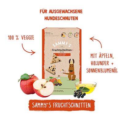 SAMMY'S Fruchtschnitten für ausgewachsene Hundeschnuten, 100% veggie, mit Äpfeln, Holunder und Sonnenblumenöl.