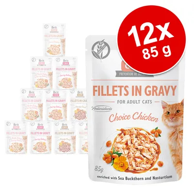 Brit Care Fillets in Gravy pentru pisici adulte, Choice Chicken, 12 plicuri x 85 g. Text vizibil: Antioxidants, enriched with Sea Buckthorn and Nasturtium.