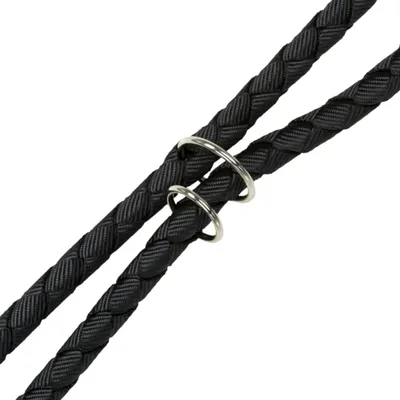 Laisse tressée noire avec deux anneaux métalliques visibles, matériau aspect nylon ou synthétique, sans marque apparente.