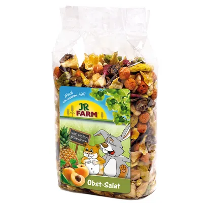 JR Farm Obst-Salat, zacskós keverék. Címkén: Frisch von unserem Hof!, mit vielen Vitaminen, ananász, sárgabarack, rajzolt nyúl és hörcsög. JR Farm Obst-Salat, zacskós keverék. Címkén: Frisch von unserem Hof!, mit vielen Vitaminen, ananász, sárgabarack, rajzolt nyúl és hörcsög.