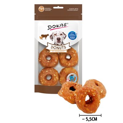 Paquet de friandises pour chien DOKAS Donuts mit Hühnerbrust, 4 donuts visibles, mention « Dental Care », texte en anglais et allemand sur l’emballage.