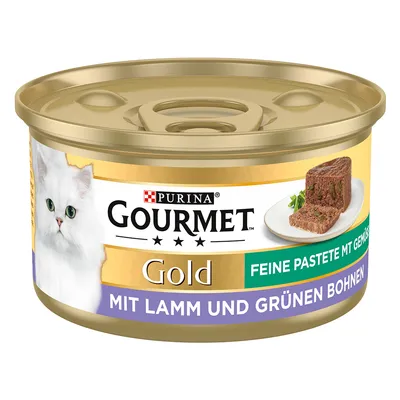 Purina Gourmet Gold фина пастетa със зеленчуци, с агнешко и зелени фасул. Изобразена: консерва с името на продукта и снимка на пастета.