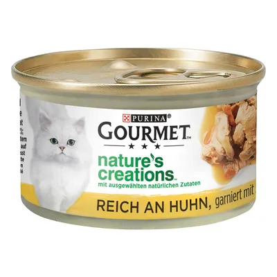 Purina Gourmet Nature's Creations, rico em frango, com ingredientes naturais selecionados. Comida húmida para gatos em lata.