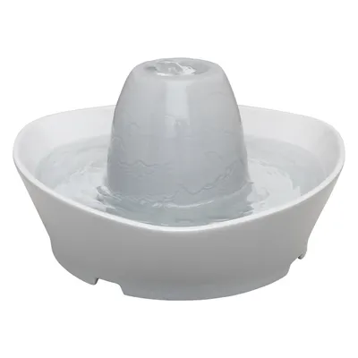 Grey ceramic drinking fountain with flowing water, suitable for pets. Round base and central water outlet visible.