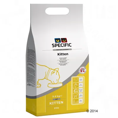SPECIFIC Kitten FPD kissanpentujen täysravinto, 3,0 kg pakkaus. Pussissa keltainen piirros syövästä kissasta ja näkyvissä englanninkielisiä ominaisuuksia sekä sertifikaattimerkki.
