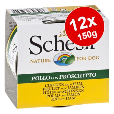 Schesir Nature for Dog, Pollo con Prosciutto, pakiranje 12x150g. Tekst: Chicken with Ham, Poulet avec Jambon, Huhn mit Schinken, Pollo con Jamon, Kip met Ham.