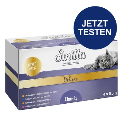 Smilla Deluxe Chunks Mixed Pack, 4x85g. Sorten: Huhn mit Zucchini und Karotten, Thunfisch mit Tomaten, Truthahn mit Spinat, Kalb mit Karotten. Jetzt testen.