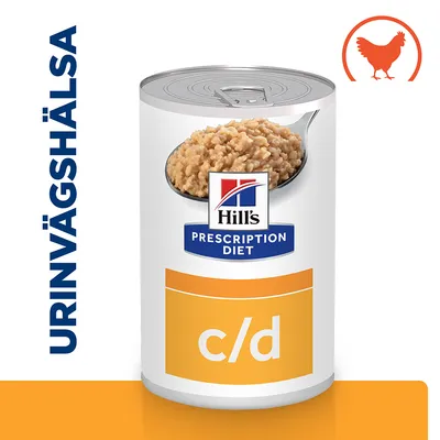 Hill's Prescription Diet c/d burk med våtfoder, texten 'URINVÄGSHÄLSA' till vänster och en orange siluett av en höna uppe till höger.