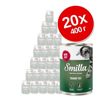 Smilla Yummy Pot с говеждо за котки, 20×400 г. Видими са консерви с надписи: WITH BEEF, CONTAINS TAURINE, GRAIN-FREE RECIPE.