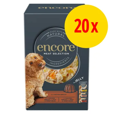 Encore Meat Selection in Jelly, 20x. Tekst: Made with natural ingredients. Indeholder 2 x chicken breast, 2 x chicken breast with ham & vegetables, 1 x chicken breast with beef & vegetables.
